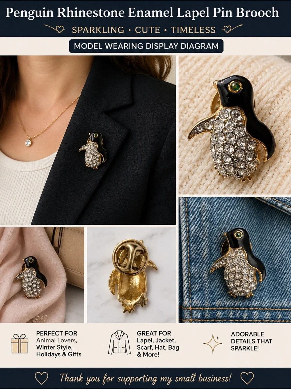 Penguin Rhinestone Enamel Lapel Pin Brooch Gold Tone Black No Visible Brand